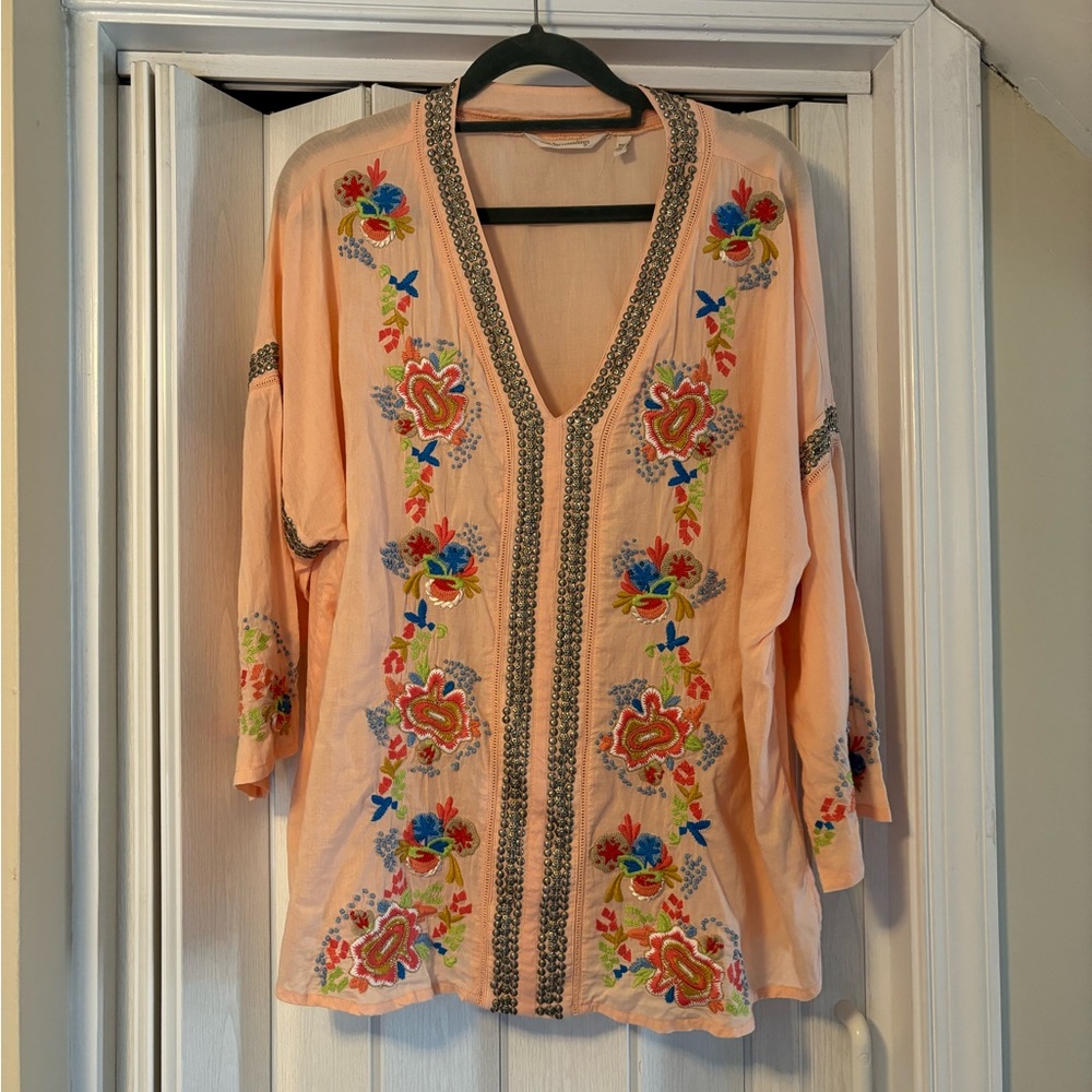 Soft Surroundings Pink V Neck Embroidered Top